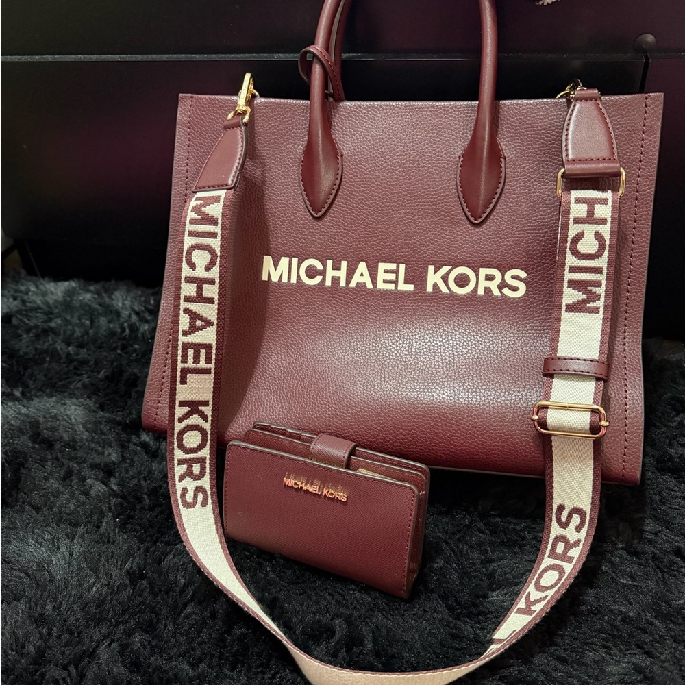 Michael Kors Burgundy Leather Tote with Branded Strap and Wallet